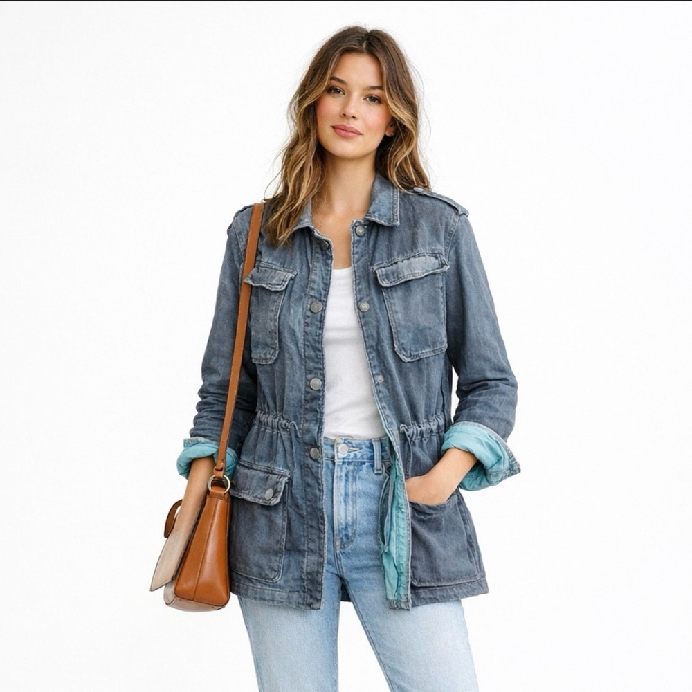 Free People Double Cloth Military Jacket Blue Gray Drawstring Utility Sz M💛